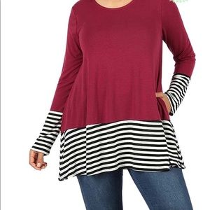 Long sleeve maroon, black an white striped blouse
